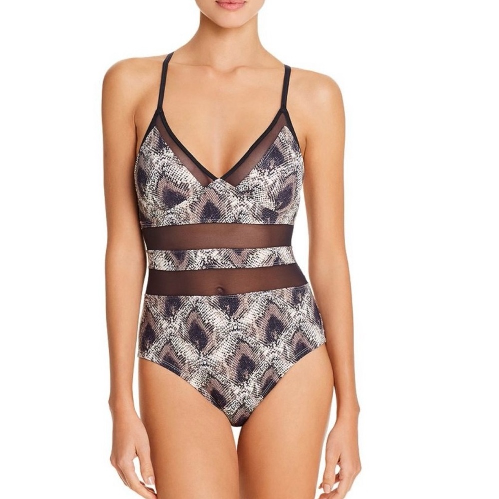 Bleu Rod Beattie Cross Back Python Print Mesh Inserts One Piece Swimsuit Size 8